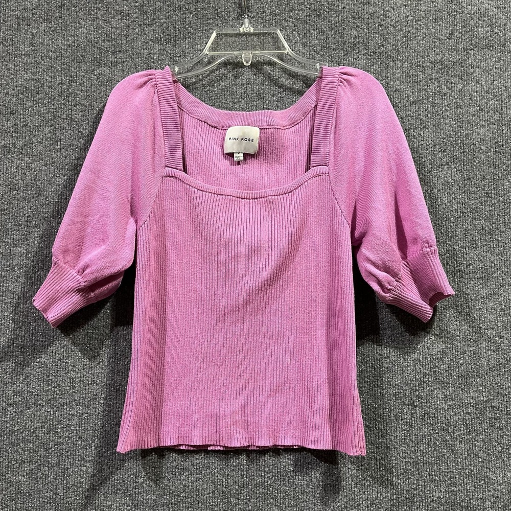 Pink Rose Sweater Womens Medium Purple Chunky Knit Puff Sleeve Square Neck